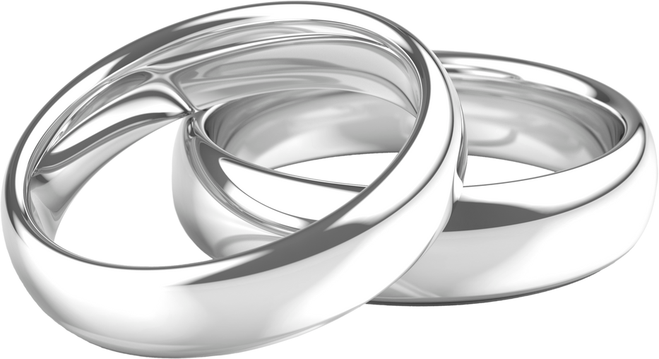 Two white gold, platinum or silver wedding rings. Png clipart isolated on transparent background